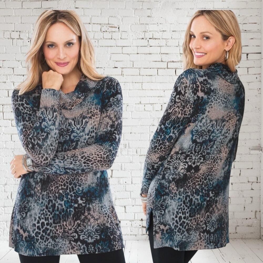 Chicos Zenergy Cozy Paisley Cowl-Neck Tunic Top Sz 3/ 16 Animal Print Knit Comfy